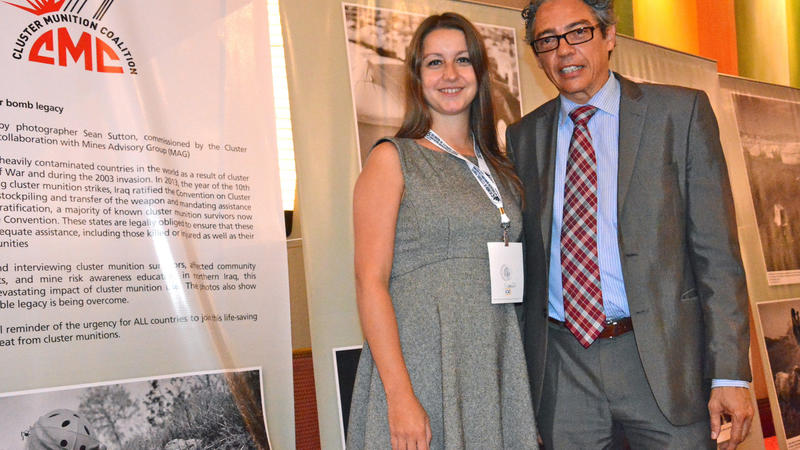 Cluster Munition Coalition campaign manager Amy Little and Ambassador Christian Guillermet Fernánde of Costa Rica (c) CMC, September 4, 2014