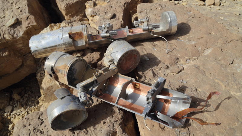 Two BLU-108 canisters, one with with two skeet (submunitions) still attached, found in the al-Amar area of al-Safraa in northern Yemen's Saada governorate after an attack on April 27, 2015.

