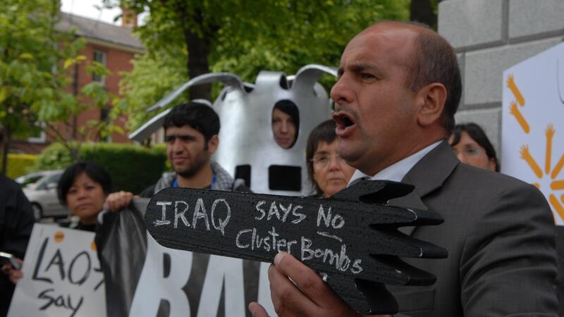 Iraqi cluster munition survivor Mr. Ahmed Najem at a demonstration at the U.S. Embassy in Dublin during the negotiations of the Convention on Cluster Munitions in May, 2008 (c) Mary Wareham, 2008